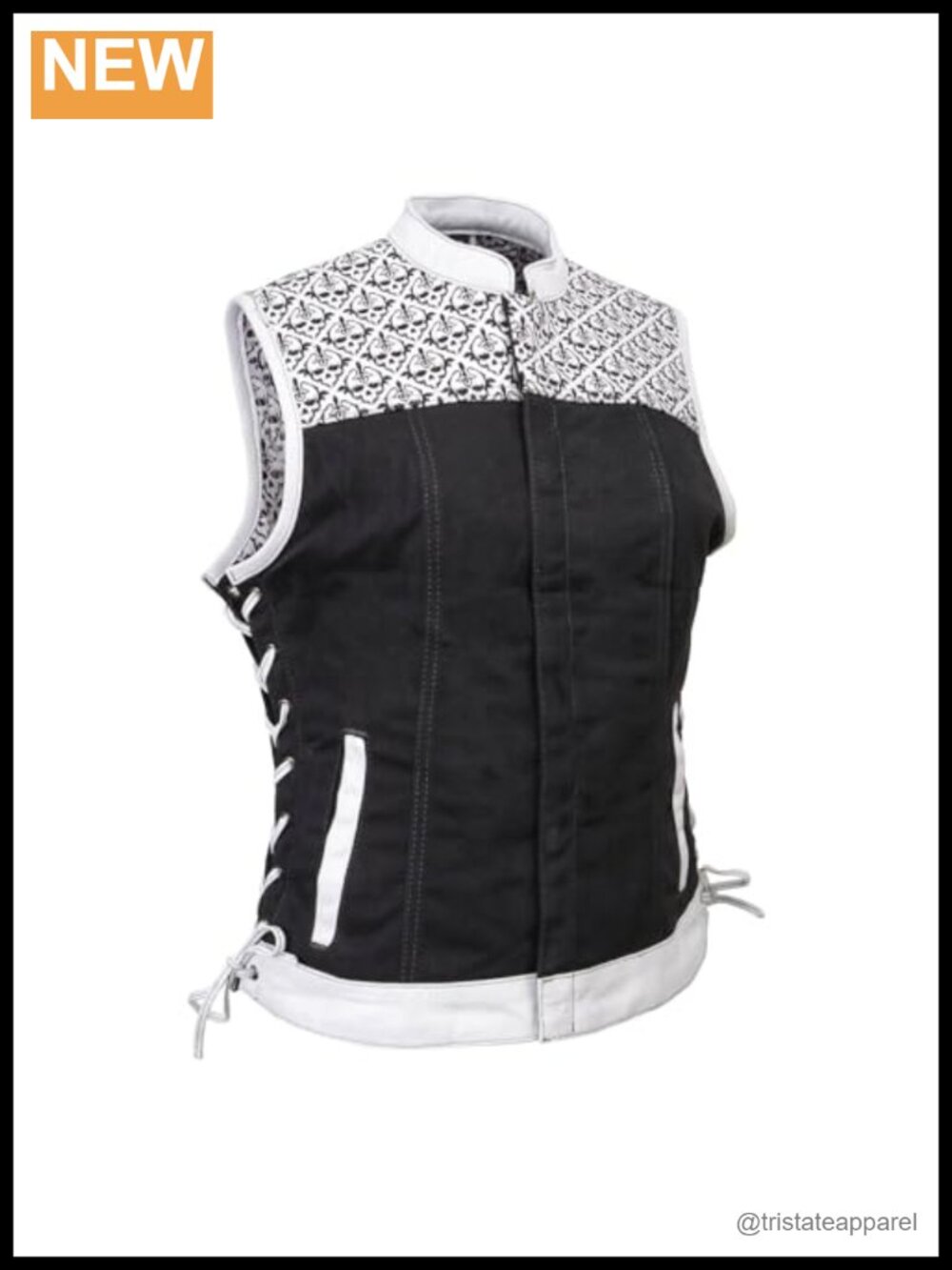 Women's Sleeveless Motorcycle Denim Vest with Skull Embroidery & Leather Trim